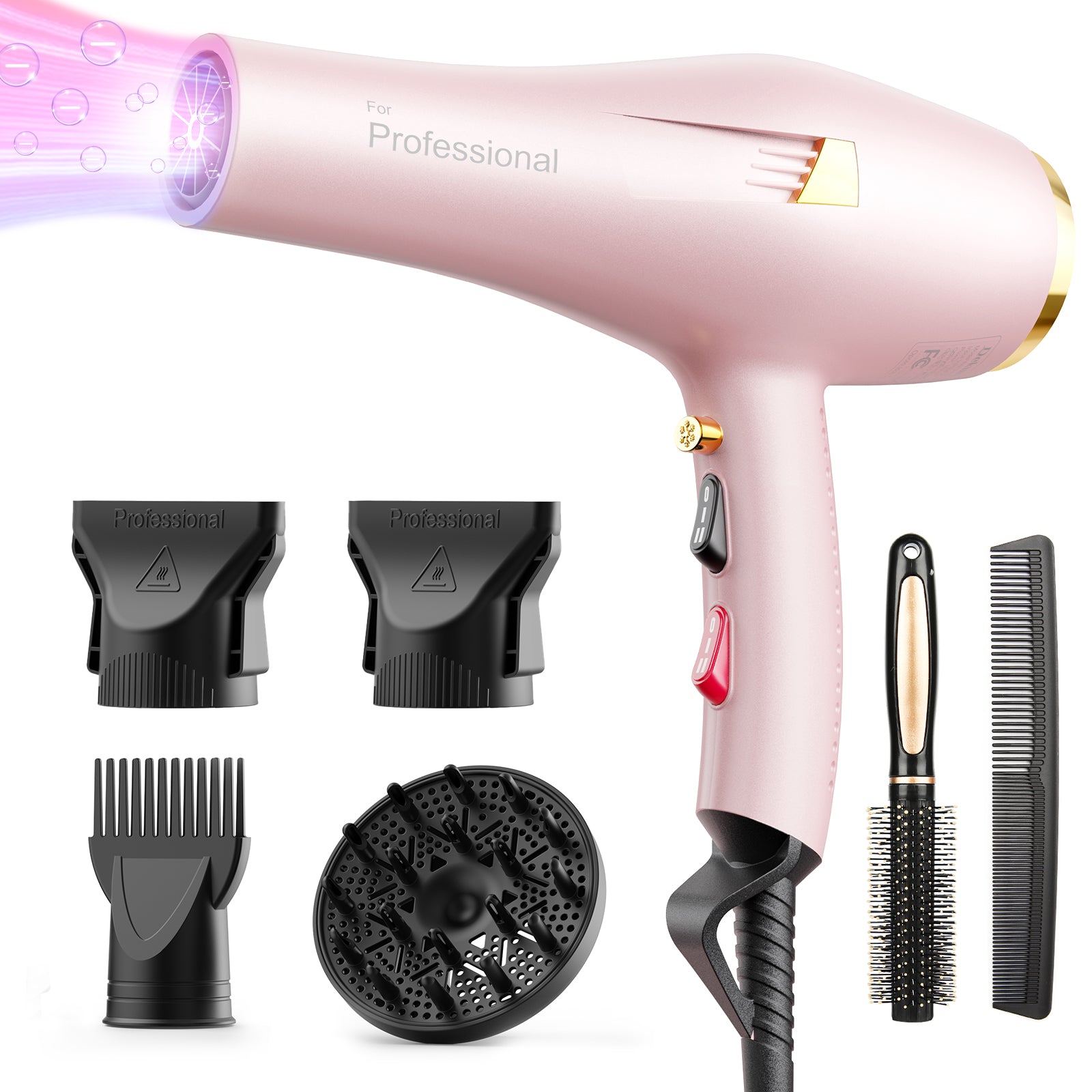 Dekuri Professional Hair Dryer Ionic Hairdryer Fast Drying with Diffuser, Concentrator Comb, Speed Heat Setting, Cool Button, for Women Men, Pink
