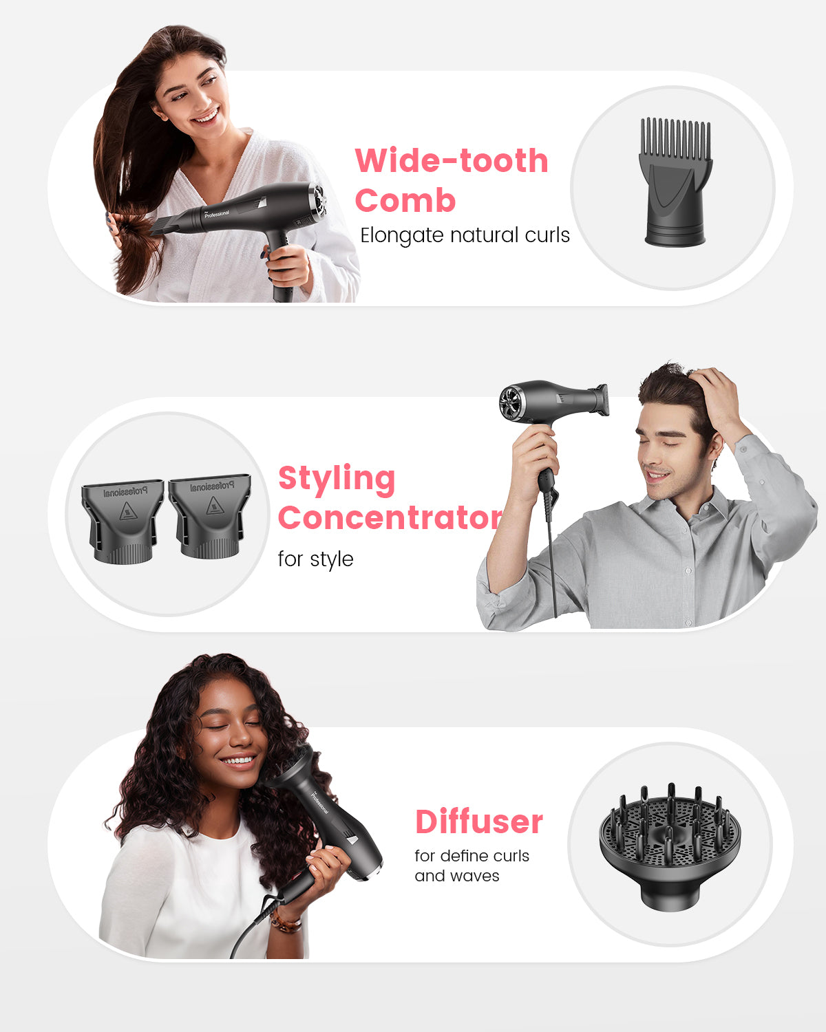 Dekuri Phon Capelli Asciugacapelli Professionale con 1 Diffusore, 2 Ugelli Styling, Pettine Concentratore, Asciugacapelli Ionico, Phon per Capelli Ricci e Lisci, Nero