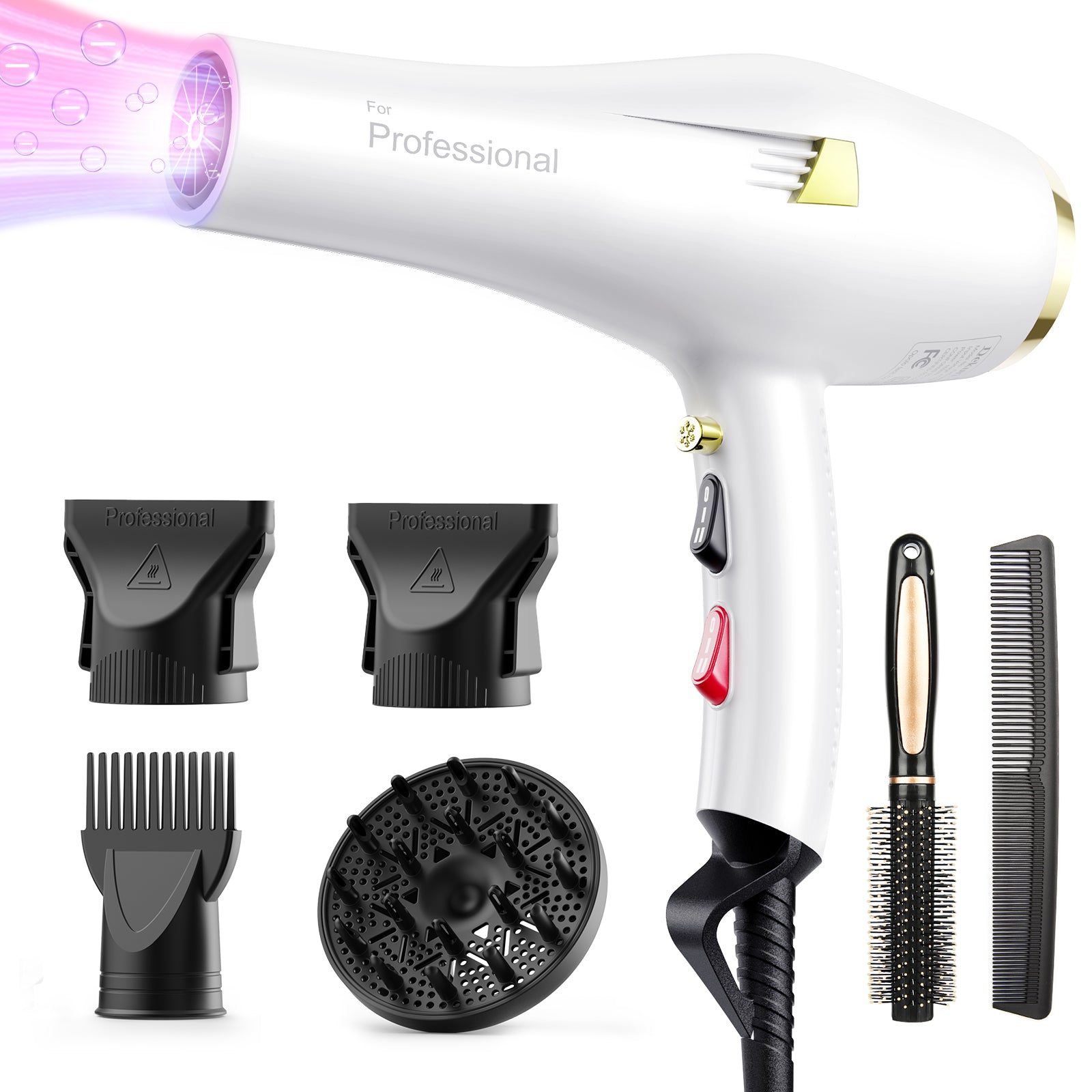Dekuri Hair Dryer Professional Ionic Hairdryer Fast Drying with Diffuser,  Concentrator Comb, Speed Heat Setting, Cool Button, for Women Men, White