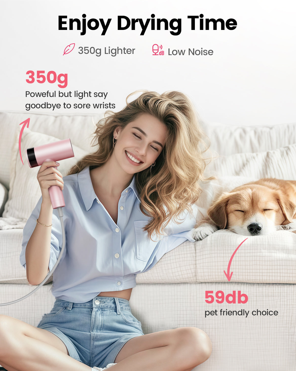 Dekuri Hair Dryer AirDry Turbo T1, Pink