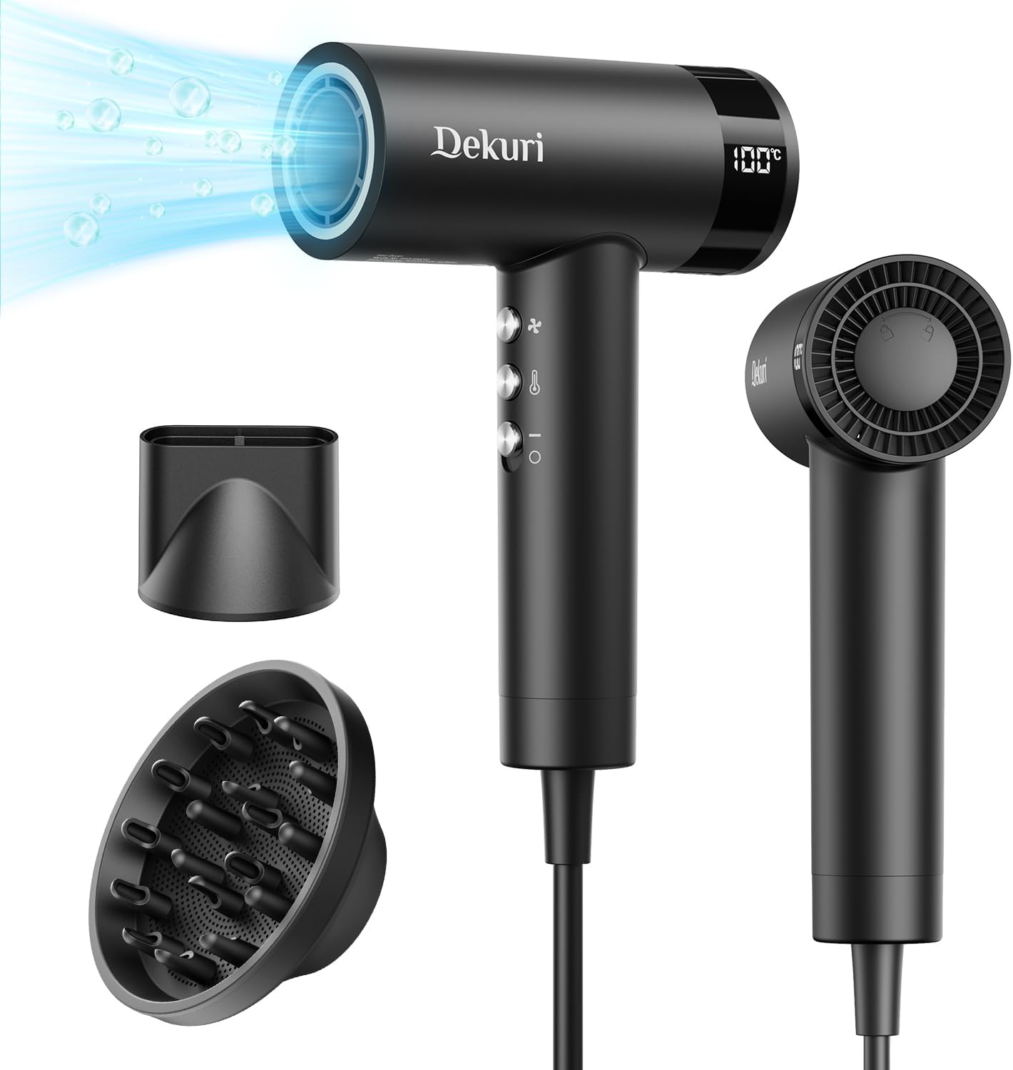 Dekuri Hair Dryer, 110,000 RPM High Speed Motor Fast Drying Hairdryer, 200 Million Ionic Lightweight Hair Dryers, Low Noise Hairdryers for Women & Men, with Magnetic Nozzle & Diffuser, Black
