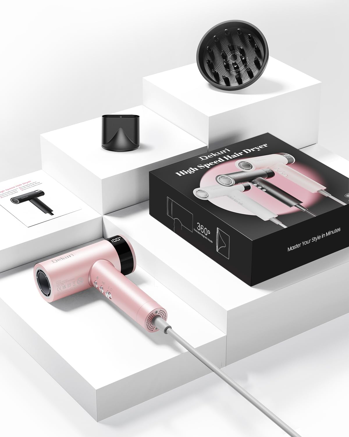 Dekuri Hair Dryer, 110,000 RPM High Speed Motor Fast Drying Hairdryer, 200 Million Ionic Lightweight Hair Dryers, Low Noise Hairdryers for Women & Men, with Magnetic Nozzle & Diffuser, Pink