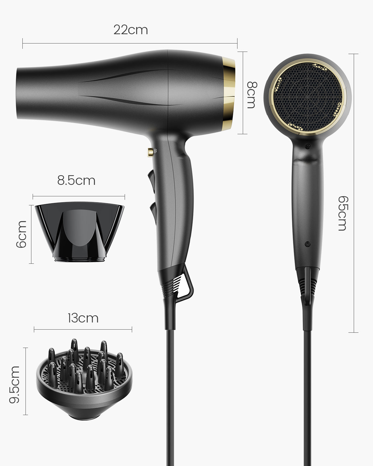 Dekuri Light Hair Dryer Ion Retains Moisture Volume, Quick Drying Hair Dryer, Hair Dryer with Diffuser, 3 Heating, 2 Fan Levels for Fine, Thick, Healthy, Durable Hair, for Family, Travel, Grey