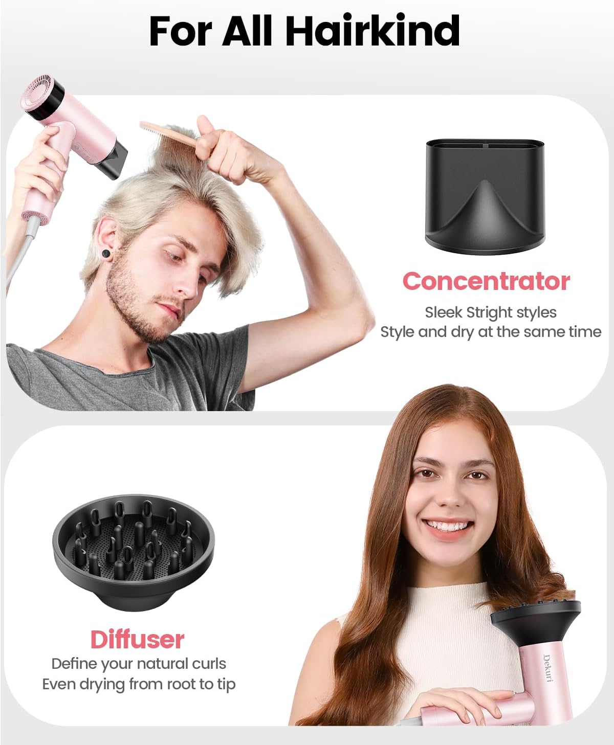Dekuri Hair Dryer, 110,000 RPM High Speed Motor Fast Drying Hairdryer, 200 Million Ionic Lightweight Hair Dryers, Low Noise Hairdryers for Women & Men, with Magnetic Nozzle & Diffuser, Pink