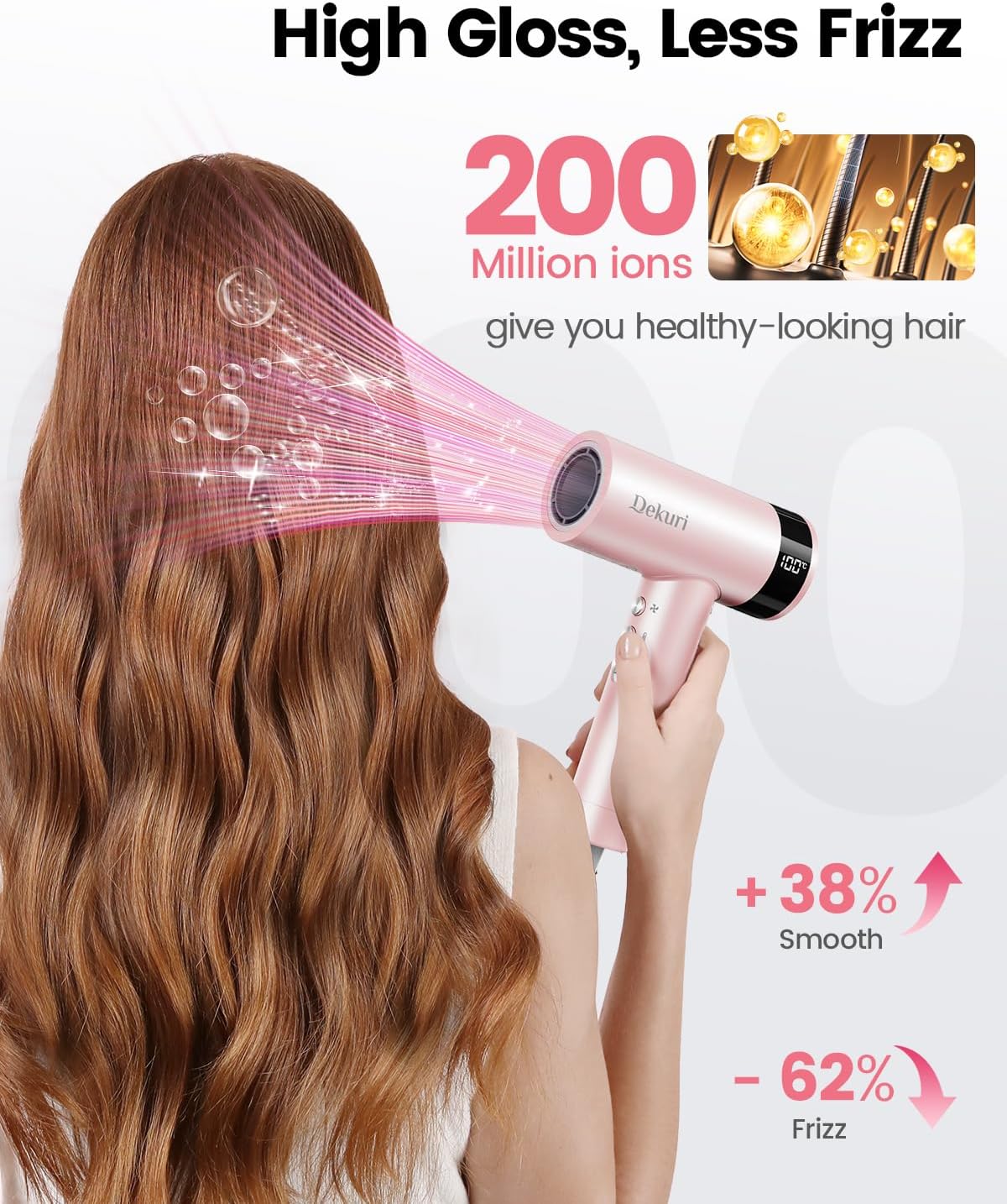 Dekuri Hair Dryer, 110,000 RPM High Speed Motor Fast Drying Hairdryer, 200 Million Ionic Lightweight Hair Dryers, Low Noise Hairdryers for Women & Men, with Magnetic Nozzle & Diffuser, Pink
