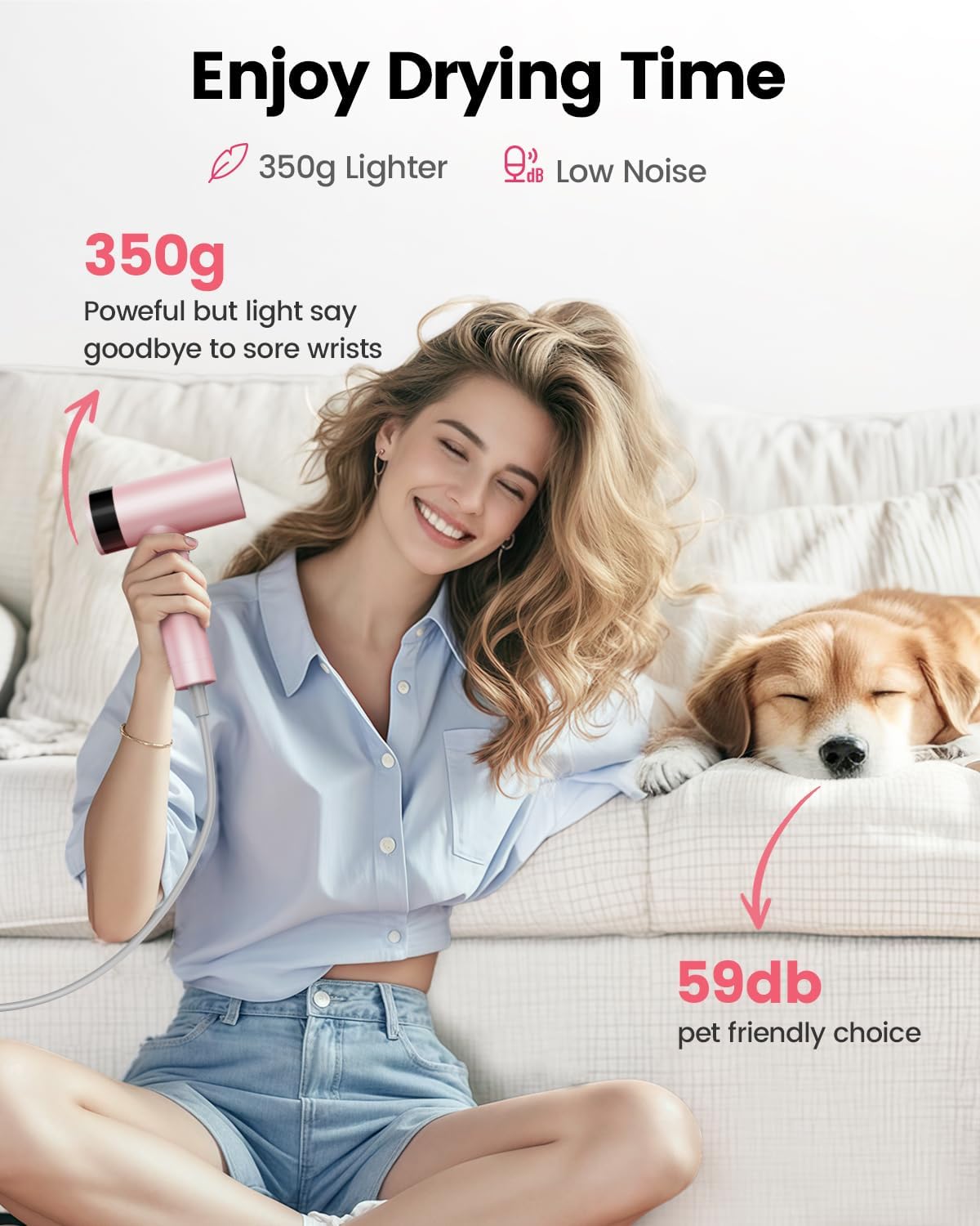 Dekuri Hair Dryer, 110,000 RPM High Speed Motor Fast Drying Hairdryer, 200 Million Ionic Lightweight Hair Dryers, Low Noise Hairdryers for Women & Men, with Magnetic Nozzle & Diffuser, Pink