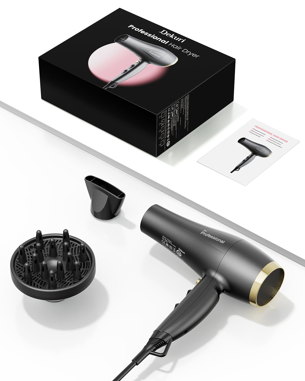 Dekuri Light Hair Dryer Ion Retains Moisture Volume, Quick Drying Hair Dryer, Hair Dryer with Diffuser, 3 Heating, 2 Fan Levels for Fine, Thick, Healthy, Durable Hair, for Family, Travel, Grey