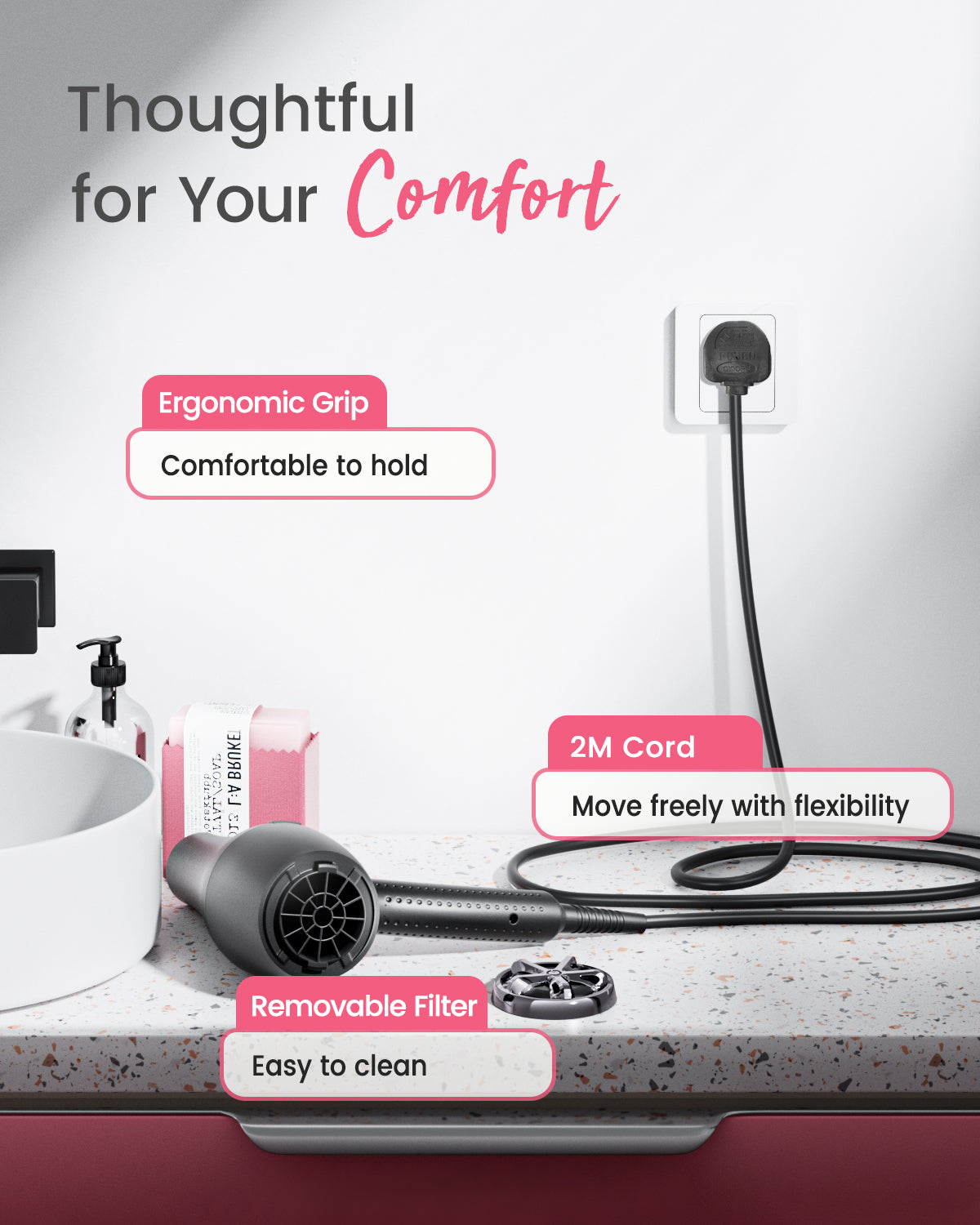 Dekuri Hair Dryer Professional Ionic Hairdryer Fast Drying with Diffuser, Concentrator Comb, 2 Speed 3 Heat Setting, Cool Button, for Women Men (Black)