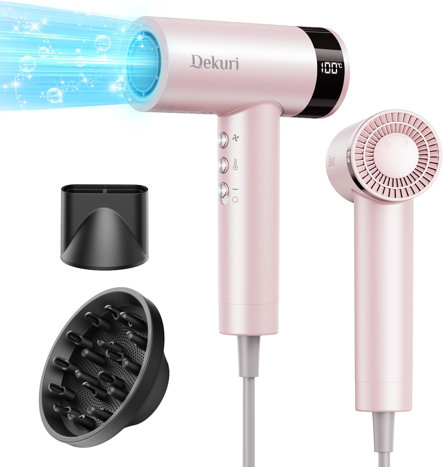 Dekuri Hair Dryer, 110,000 RPM High Speed Motor Fast Drying Hairdryer, 200 Million Ionic Lightweight Hair Dryers, Low Noise Hairdryers for Women & Men, with Magnetic Nozzle & Diffuser, Pink