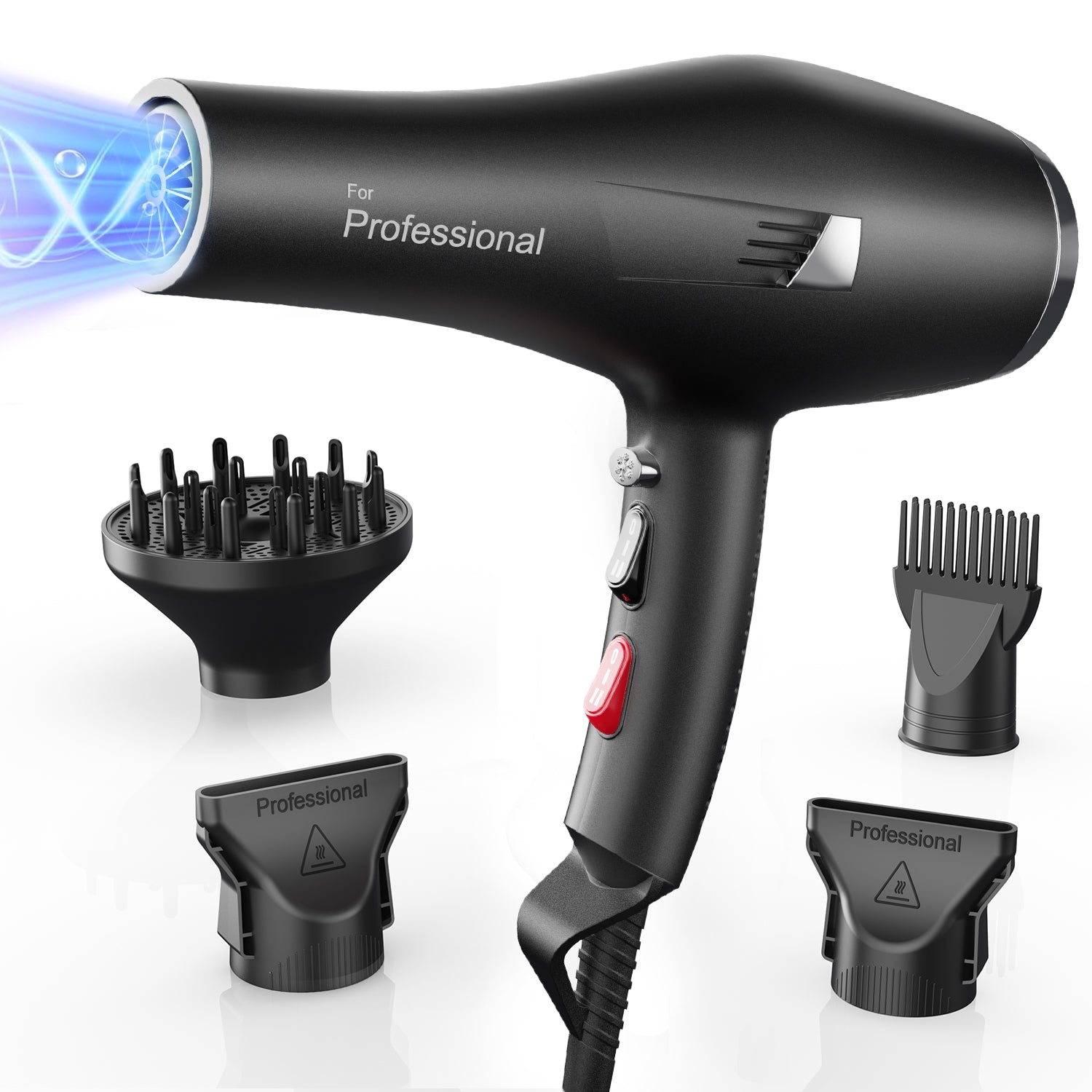 Dekuri Hair Dryer Professional Ionic Hairdryer Fast Drying with Diffuser, Concentrator Comb, 2 Speed 3 Heat Setting, Cool Button, for Women Men (Black)