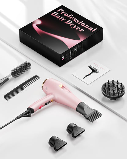 Dekuri Professional Hair Dryer Ionic Hairdryer Fast Drying with Diffuser, Concentrator Comb, 2 Speed 3 Heat Setting, Cool Button, for Women Men, Pink